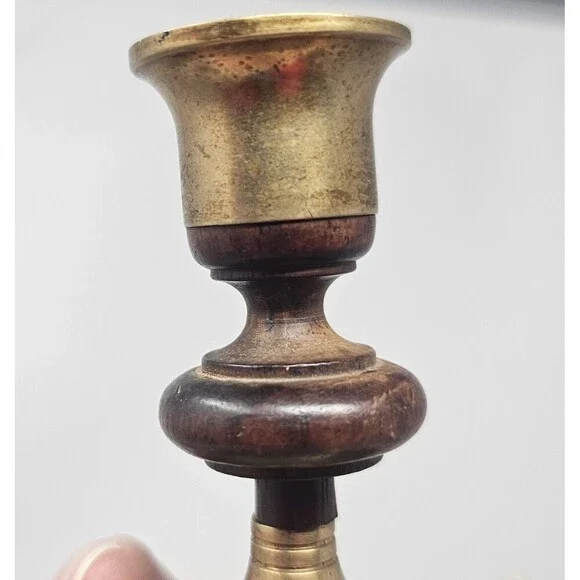 Vintage Pair of MCM Teak Wood & Brass Candle Stick Holders Tapered 3.5" - Picture 6 of 12